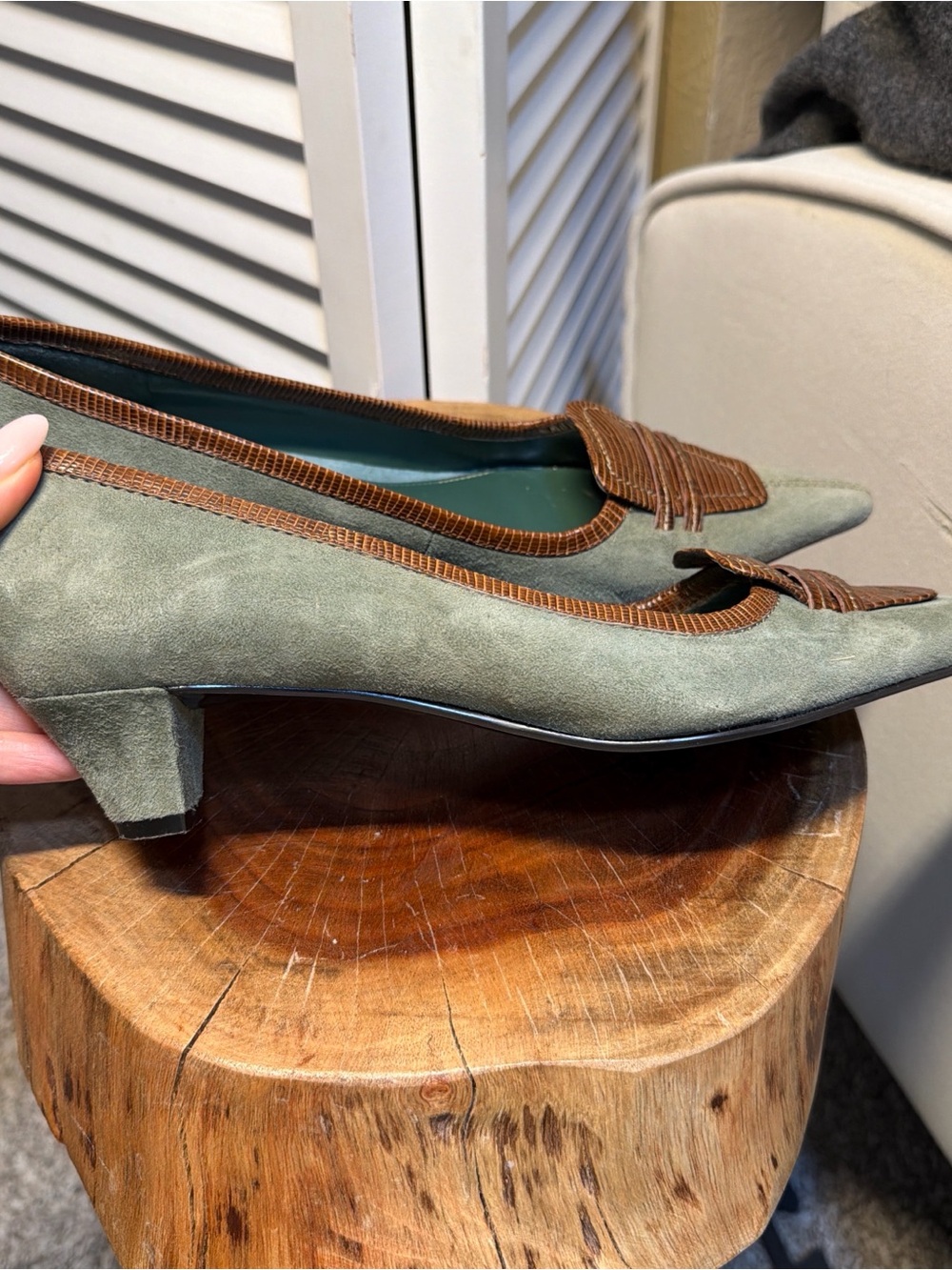 Pointed Toe Women's Flats in Olive Green with Brown Trim - Picture 2 of 6
